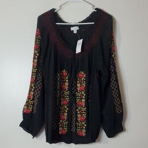 J. Jill Black Boho Embroidered Floral Peasant Blouse